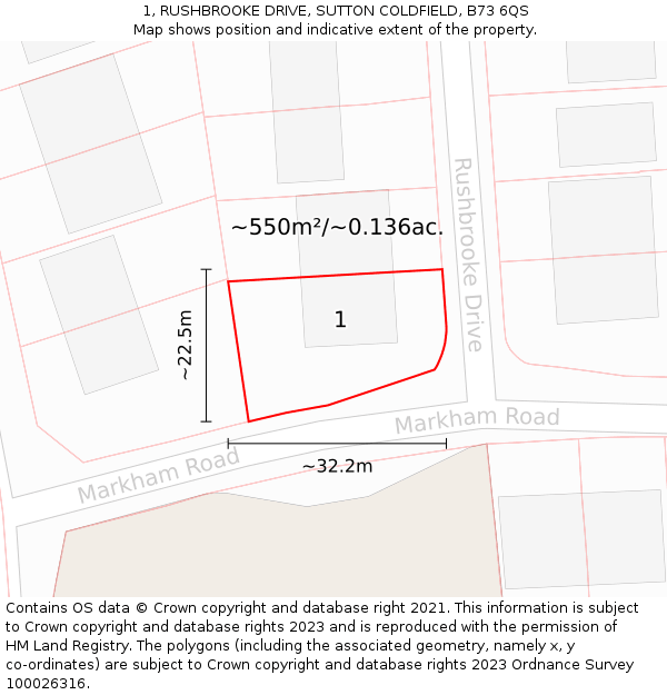 1, RUSHBROOKE DRIVE, SUTTON COLDFIELD, B73 6QS: Plot and title map