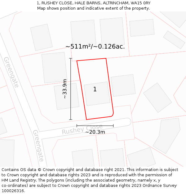 1, RUSHEY CLOSE, HALE BARNS, ALTRINCHAM, WA15 0RY: Plot and title map