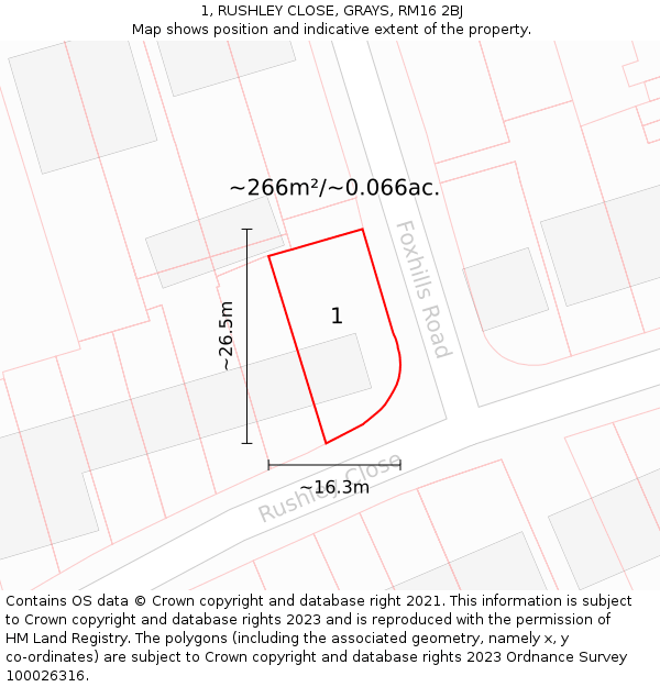 1, RUSHLEY CLOSE, GRAYS, RM16 2BJ: Plot and title map