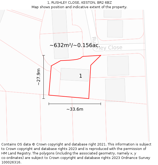 1, RUSHLEY CLOSE, KESTON, BR2 6BZ: Plot and title map