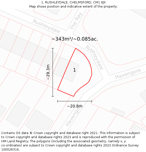 1, RUSHLEYDALE, CHELMSFORD, CM1 6JX: Plot and title map