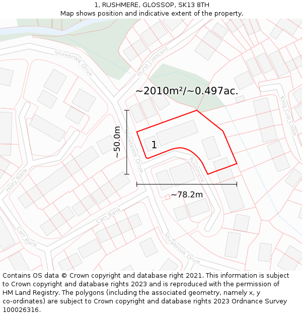 1, RUSHMERE, GLOSSOP, SK13 8TH: Plot and title map