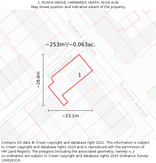 1, RUSHY GROVE, HAYWARDS HEATH, RH16 4UW: Plot and title map