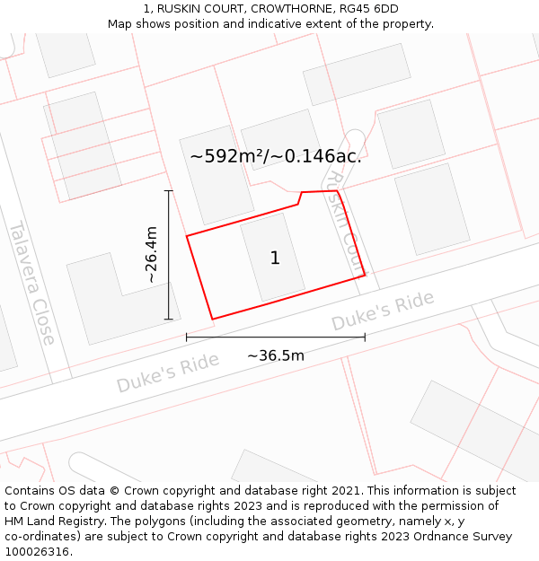 1, RUSKIN COURT, CROWTHORNE, RG45 6DD: Plot and title map