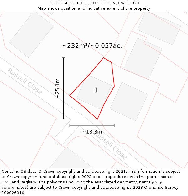 1, RUSSELL CLOSE, CONGLETON, CW12 3UD: Plot and title map