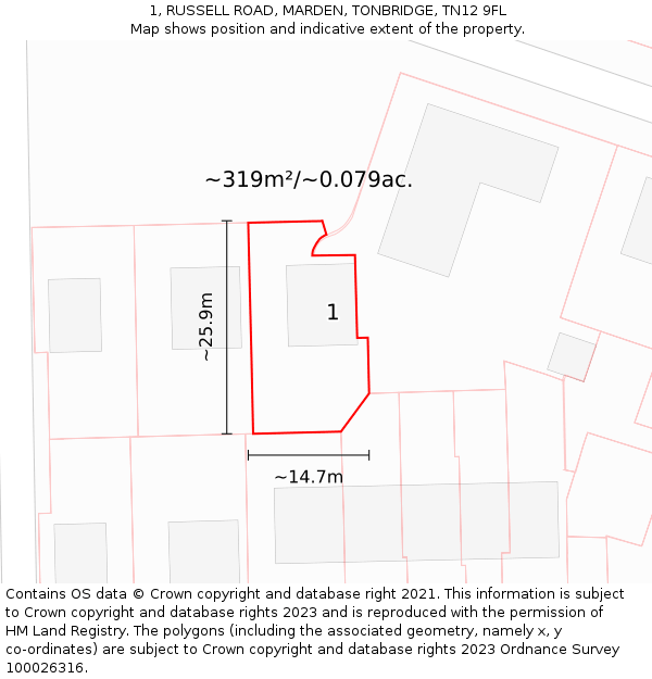 1, RUSSELL ROAD, MARDEN, TONBRIDGE, TN12 9FL: Plot and title map