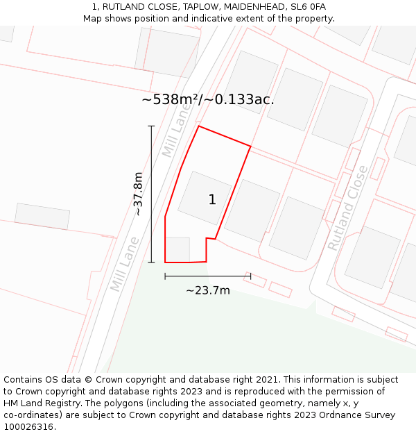 1, RUTLAND CLOSE, TAPLOW, MAIDENHEAD, SL6 0FA: Plot and title map