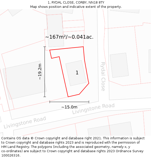 1, RYDAL CLOSE, CORBY, NN18 8TY: Plot and title map