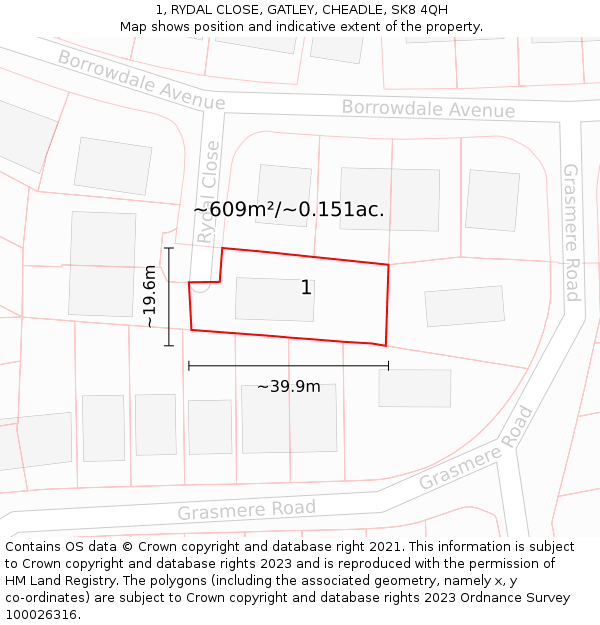 1, RYDAL CLOSE, GATLEY, CHEADLE, SK8 4QH: Plot and title map