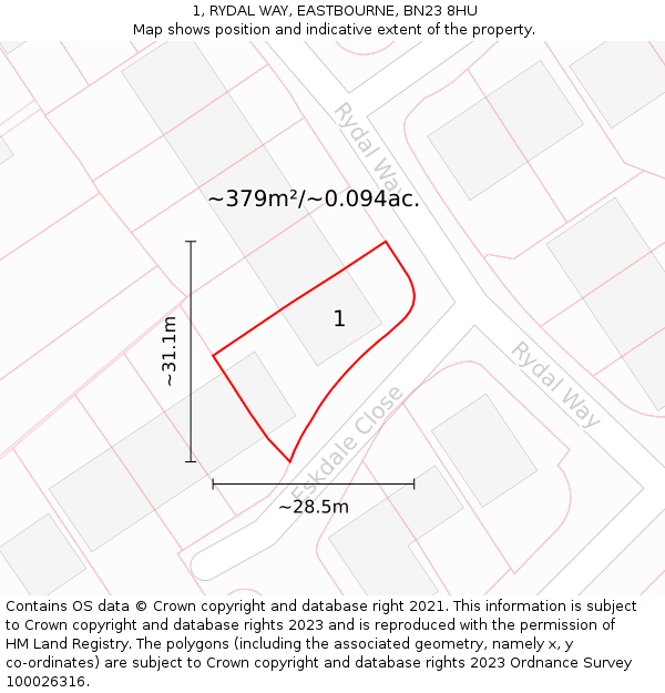 1, RYDAL WAY, EASTBOURNE, BN23 8HU: Plot and title map