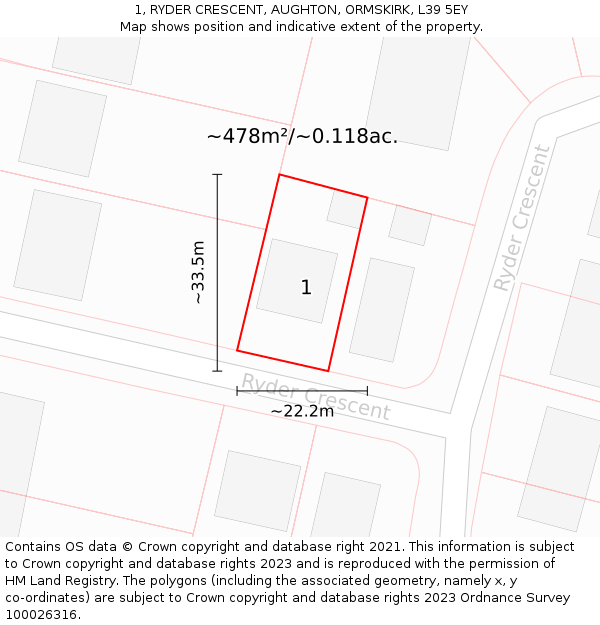 1, RYDER CRESCENT, AUGHTON, ORMSKIRK, L39 5EY: Plot and title map