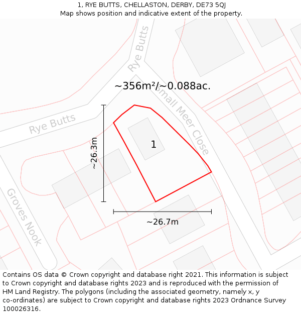 1, RYE BUTTS, CHELLASTON, DERBY, DE73 5QJ: Plot and title map