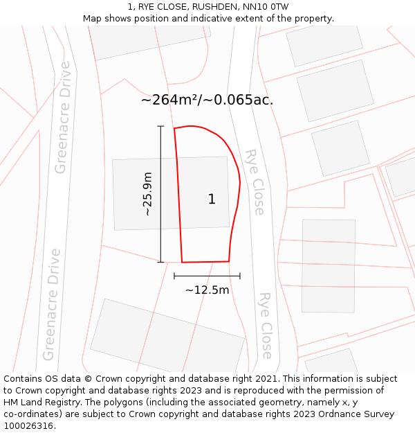 1, RYE CLOSE, RUSHDEN, NN10 0TW: Plot and title map