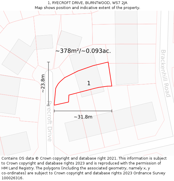 1, RYECROFT DRIVE, BURNTWOOD, WS7 2JA: Plot and title map