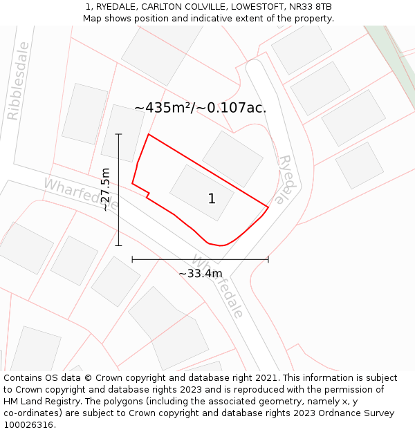 1, RYEDALE, CARLTON COLVILLE, LOWESTOFT, NR33 8TB: Plot and title map