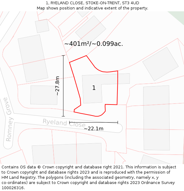 1, RYELAND CLOSE, STOKE-ON-TRENT, ST3 4UD: Plot and title map