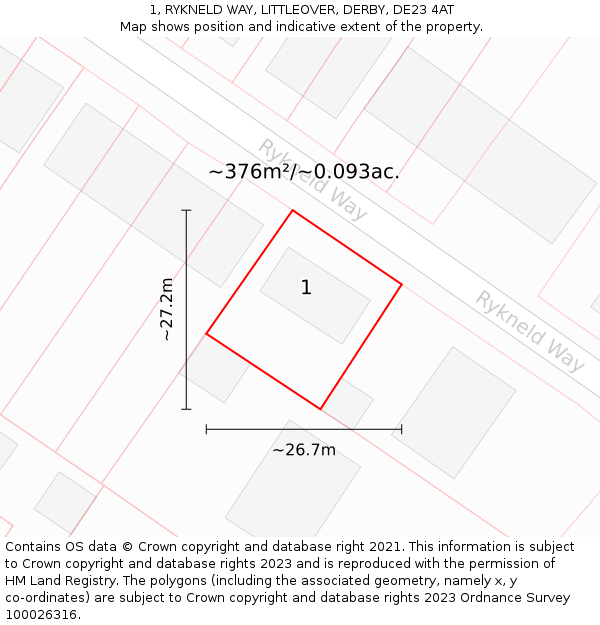 1, RYKNELD WAY, LITTLEOVER, DERBY, DE23 4AT: Plot and title map