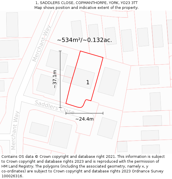 1, SADDLERS CLOSE, COPMANTHORPE, YORK, YO23 3TT: Plot and title map