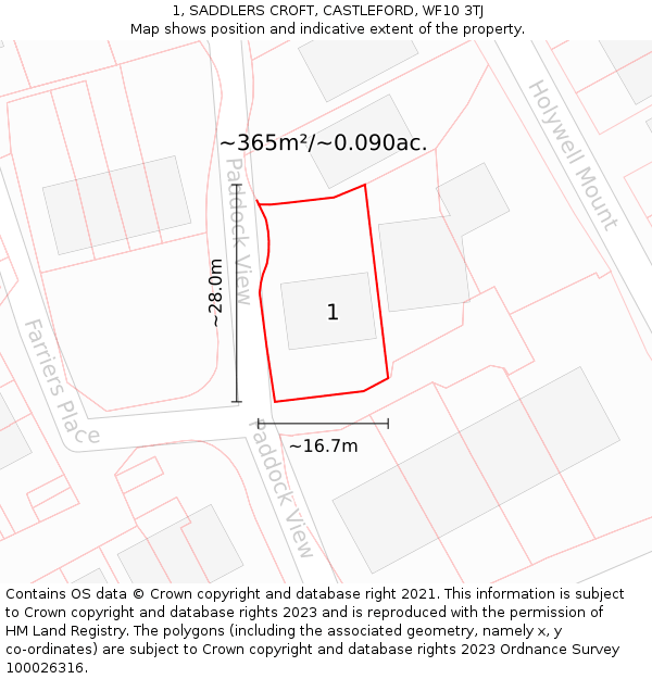 1, SADDLERS CROFT, CASTLEFORD, WF10 3TJ: Plot and title map