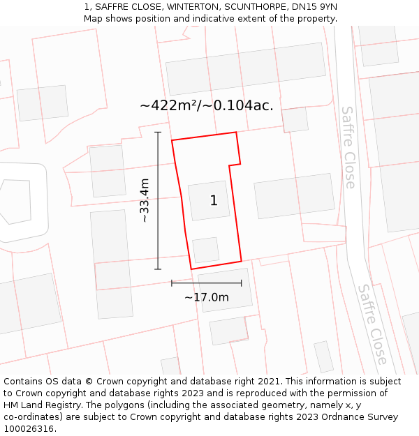1, SAFFRE CLOSE, WINTERTON, SCUNTHORPE, DN15 9YN: Plot and title map