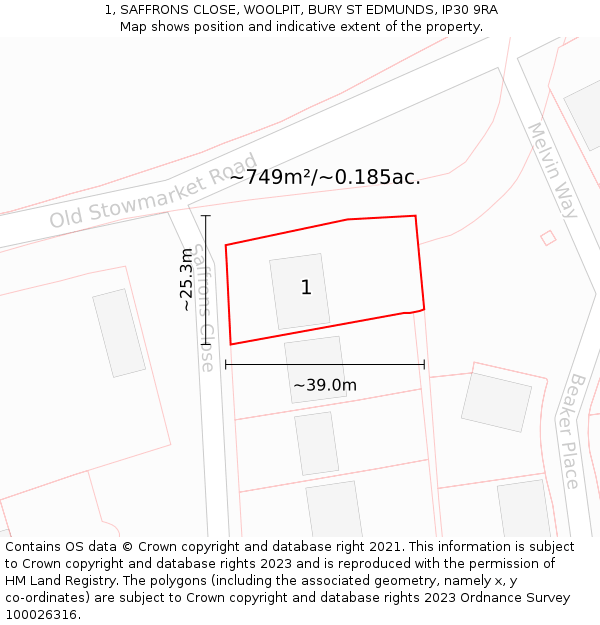 1, SAFFRONS CLOSE, WOOLPIT, BURY ST EDMUNDS, IP30 9RA: Plot and title map