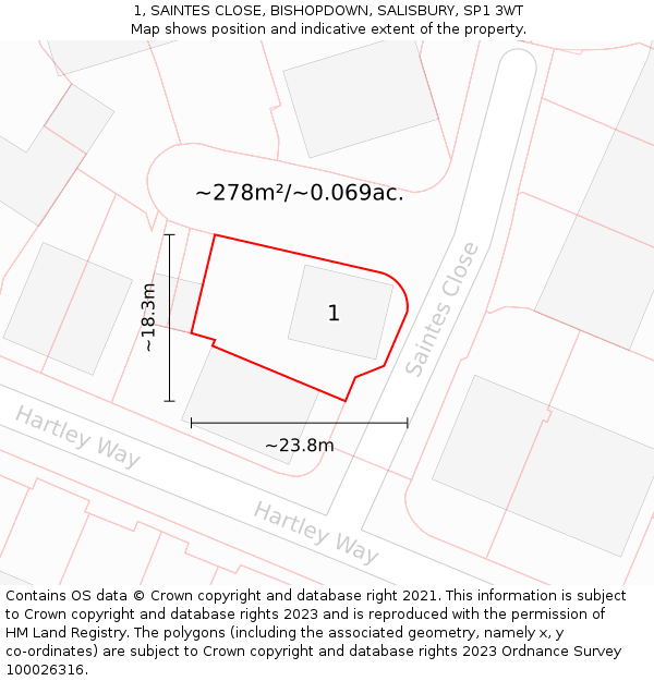 1, SAINTES CLOSE, BISHOPDOWN, SALISBURY, SP1 3WT: Plot and title map