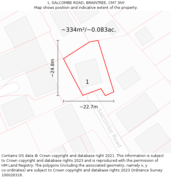 1, SALCOMBE ROAD, BRAINTREE, CM7 3NY: Plot and title map