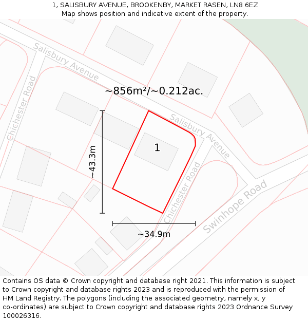1, SALISBURY AVENUE, BROOKENBY, MARKET RASEN, LN8 6EZ: Plot and title map