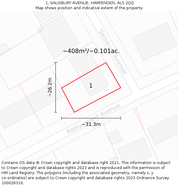 1, SALISBURY AVENUE, HARPENDEN, AL5 2QQ: Plot and title map
