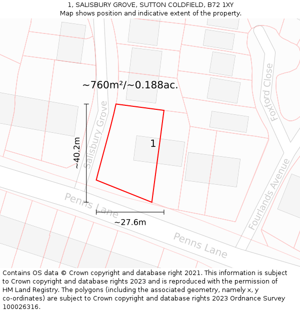 1, SALISBURY GROVE, SUTTON COLDFIELD, B72 1XY: Plot and title map