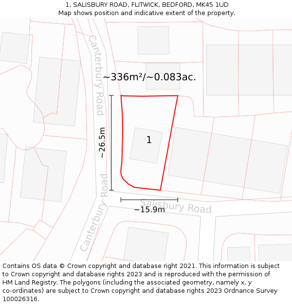 1, SALISBURY ROAD, FLITWICK, BEDFORD, MK45 1UD: Plot and title map
