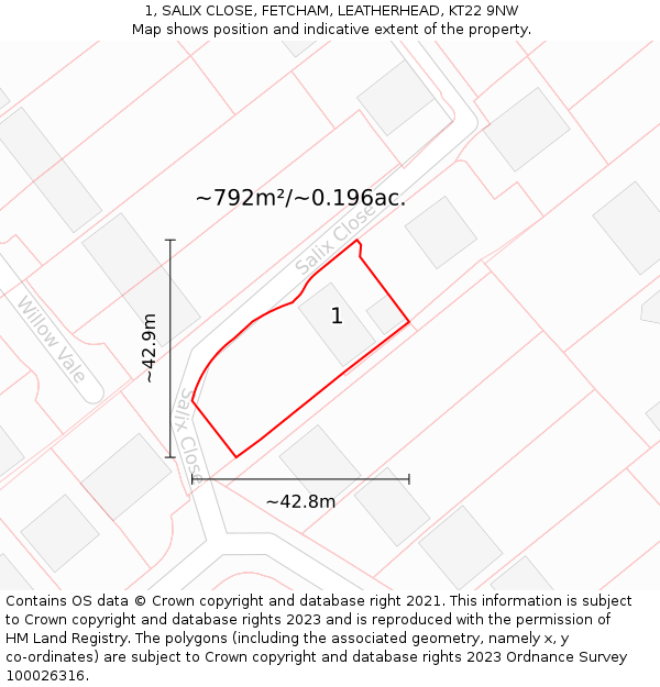 1, SALIX CLOSE, FETCHAM, LEATHERHEAD, KT22 9NW: Plot and title map