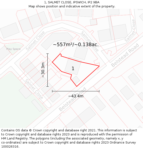 1, SALMET CLOSE, IPSWICH, IP2 9BA: Plot and title map