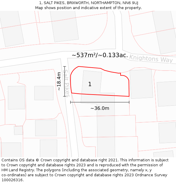 1, SALT PIKES, BRIXWORTH, NORTHAMPTON, NN6 9UJ: Plot and title map