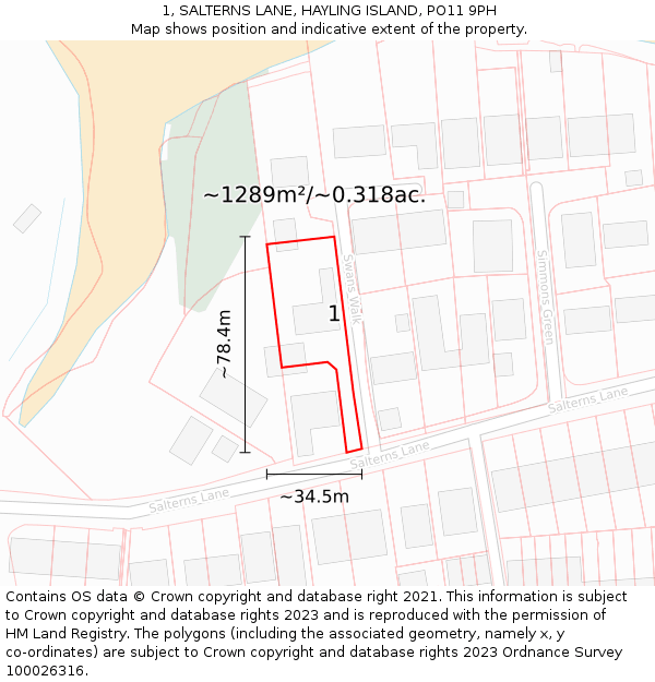 1, SALTERNS LANE, HAYLING ISLAND, PO11 9PH: Plot and title map