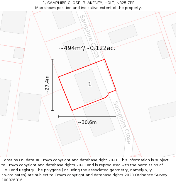 1, SAMPHIRE CLOSE, BLAKENEY, HOLT, NR25 7PE: Plot and title map