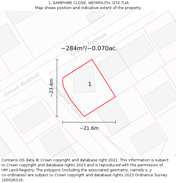 1, SAMPHIRE CLOSE, WEYMOUTH, DT4 7UA: Plot and title map