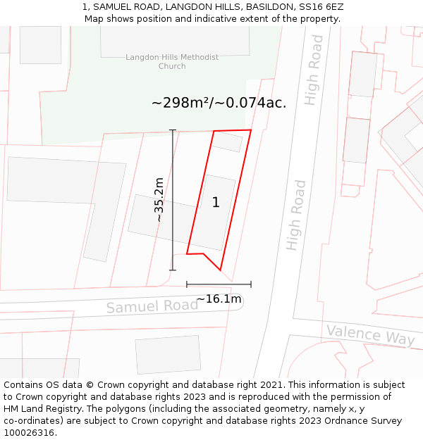1, SAMUEL ROAD, LANGDON HILLS, BASILDON, SS16 6EZ: Plot and title map