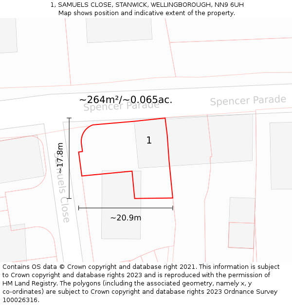 1, SAMUELS CLOSE, STANWICK, WELLINGBOROUGH, NN9 6UH: Plot and title map