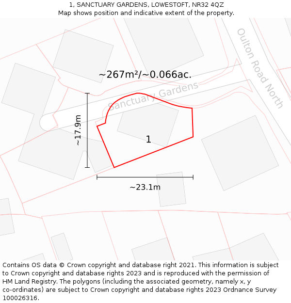 1, SANCTUARY GARDENS, LOWESTOFT, NR32 4QZ: Plot and title map