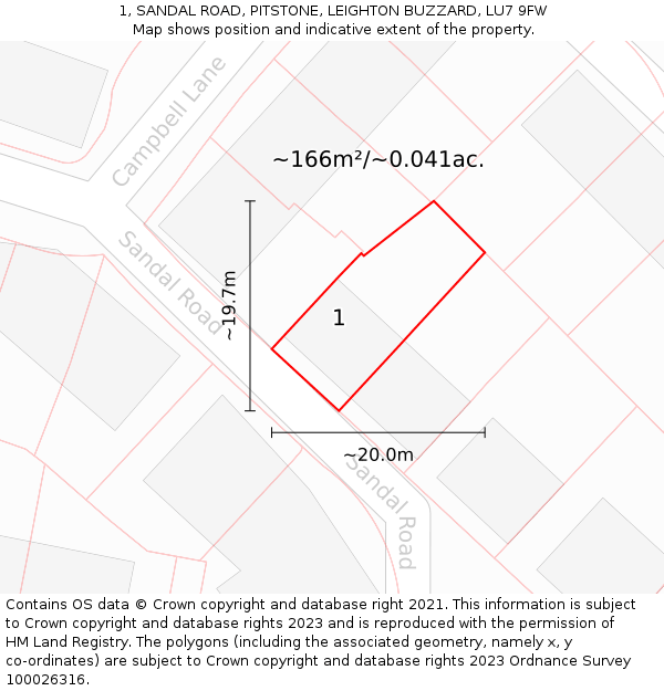 1, SANDAL ROAD, PITSTONE, LEIGHTON BUZZARD, LU7 9FW: Plot and title map