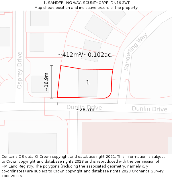 1, SANDERLING WAY, SCUNTHORPE, DN16 3WT: Plot and title map