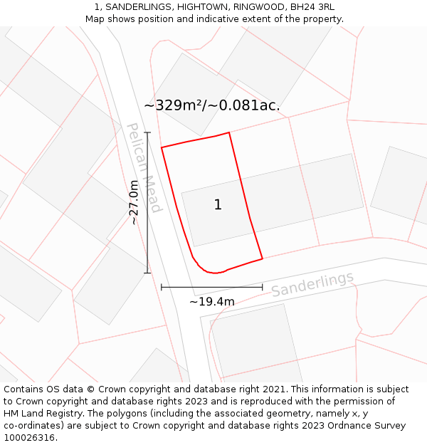 1, SANDERLINGS, HIGHTOWN, RINGWOOD, BH24 3RL: Plot and title map