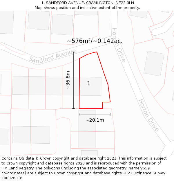 1, SANDFORD AVENUE, CRAMLINGTON, NE23 3LN: Plot and title map