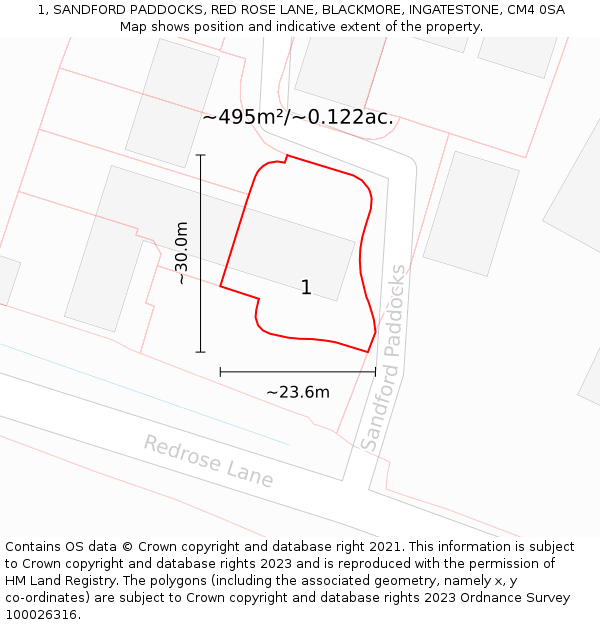 1, SANDFORD PADDOCKS, RED ROSE LANE, BLACKMORE, INGATESTONE, CM4 0SA: Plot and title map