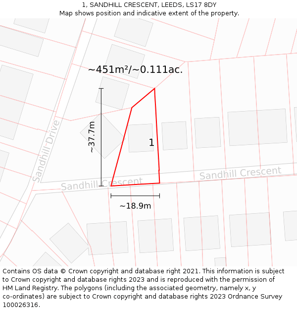 1, SANDHILL CRESCENT, LEEDS, LS17 8DY: Plot and title map