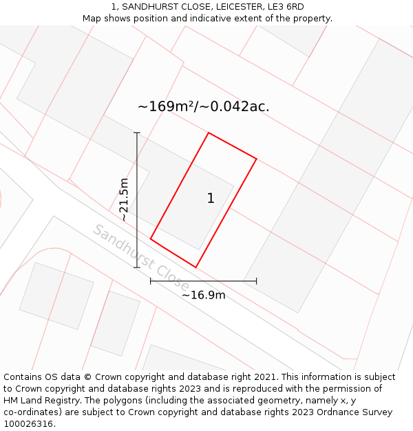 1, SANDHURST CLOSE, LEICESTER, LE3 6RD: Plot and title map