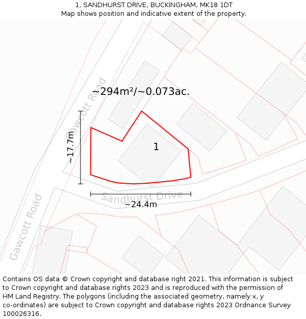 1, SANDHURST DRIVE, BUCKINGHAM, MK18 1DT: Plot and title map
