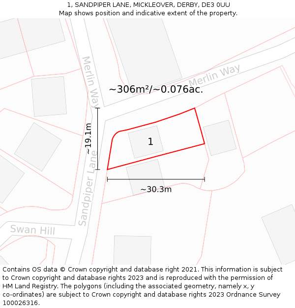1, SANDPIPER LANE, MICKLEOVER, DERBY, DE3 0UU: Plot and title map