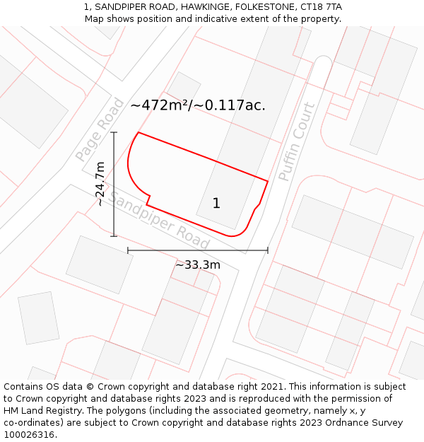 1, SANDPIPER ROAD, HAWKINGE, FOLKESTONE, CT18 7TA: Plot and title map